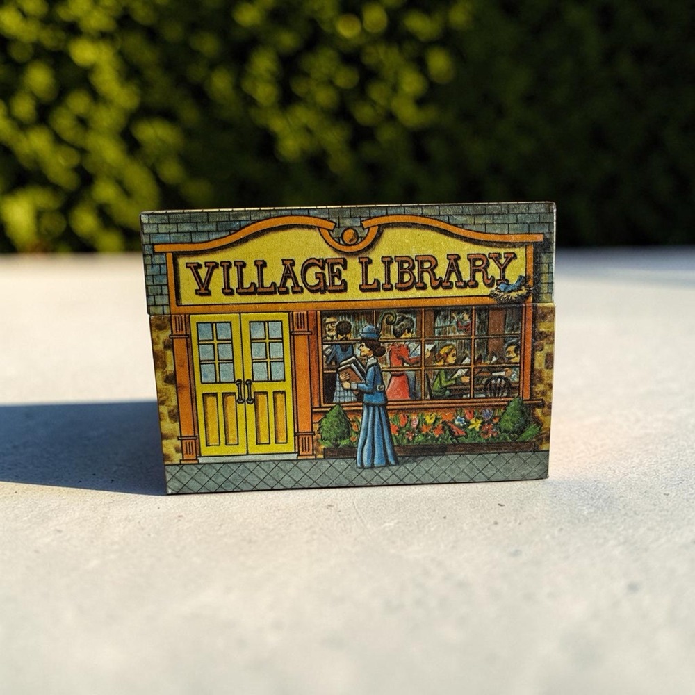 Vintage 1979 Cheinco Village Library Tin Recipe Box Harry's Produce Card Holder
